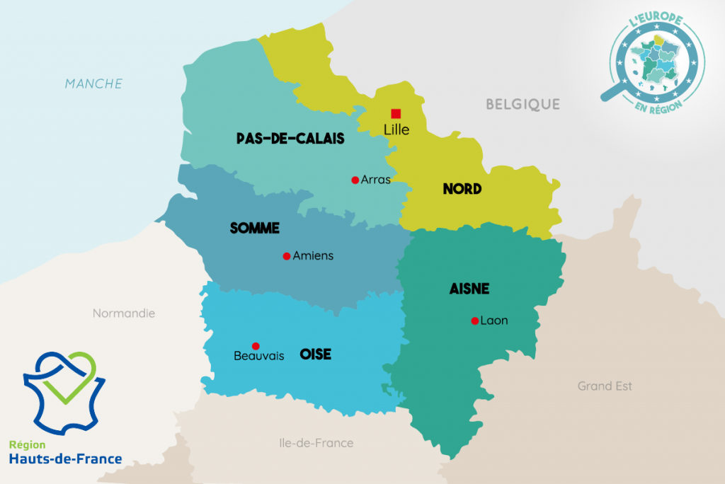 Carte des 5 départements où peuvent vivre les habitants des Hauts-de-France : Aisne, Nord, Oise, Pas-de-Calais, Somme